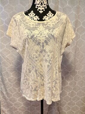 Lauren Ralph Lauren Cream Sheer Lace Short-Sleeve Women's Boho Top size XL